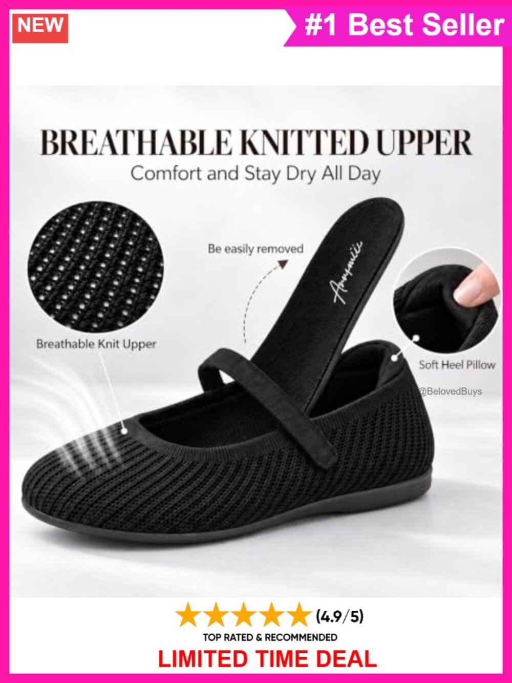 Mary Jane Flats Round Toe Knit Slip On Adjustable Strap Comfortable - Picture 3 of 6